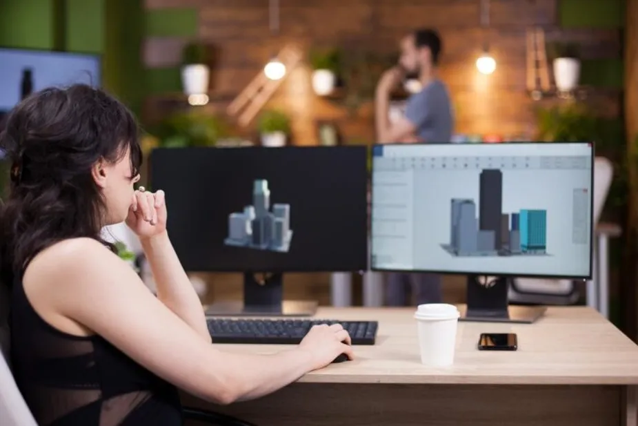 Professioneller 3D Rendering Arbeitsplatz mit mehreren Monitoren zeigt komplexe CAD Visualisierung