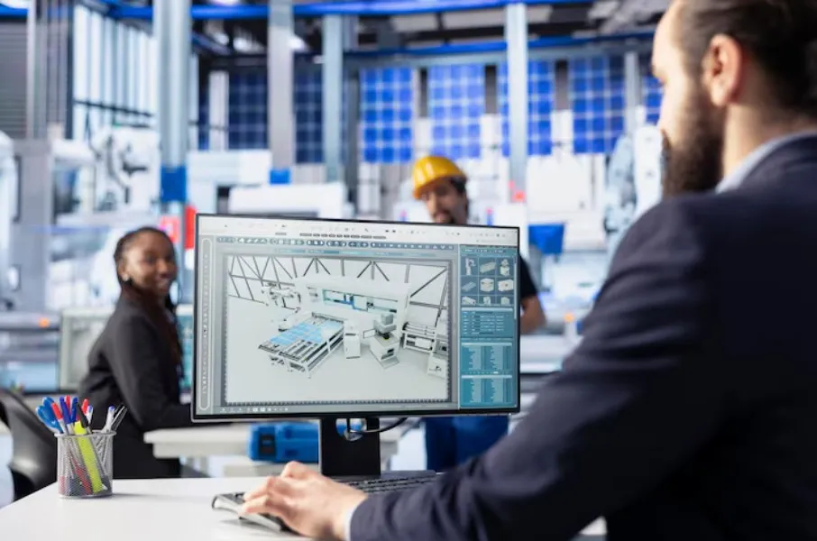 Futuristische 3D CAD Trends 2025 Visualisierung zeigt KI-Integration und Cloud Computing in deutscher Industrie