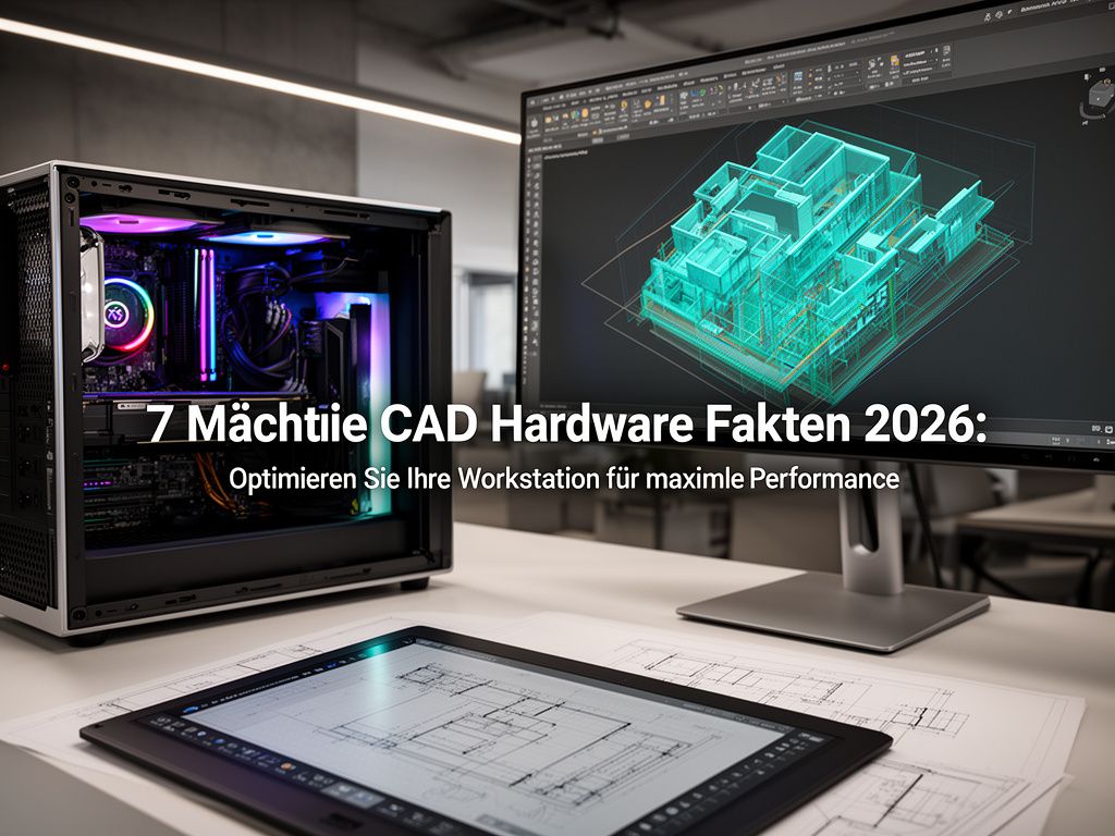 Professionelle CAD Hardware in einer geöffneten Workstation mit leuchtenden Komponenten vor einem CAD Monitor mit 3D-Architekturmodell
