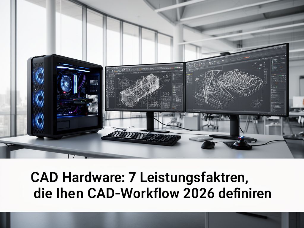 Moderne CAD Hardware Workstation in einem Architekturbüro mit mehreren Monitoren, die technische Zeichnungen anzeigen