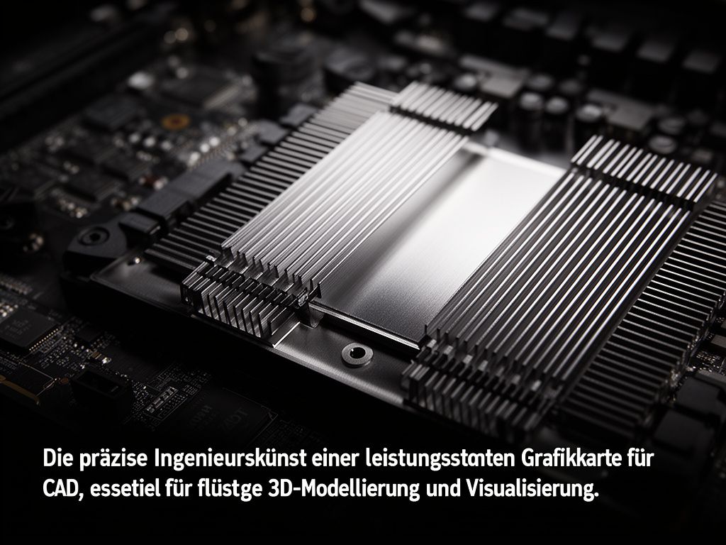 Detailaufnahme einer professionellen CAD Grafikkarte mit komplexem Kühlkörper und Beleuchtung