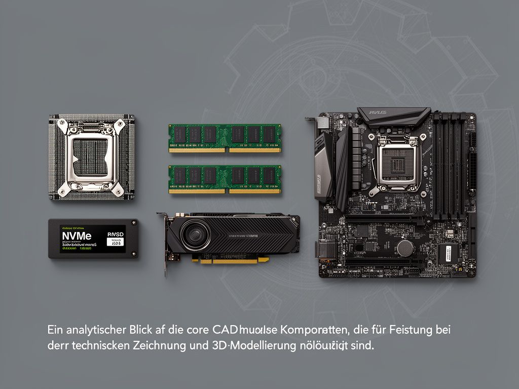 Flachlage der wichtigsten CAD Hardware Komponenten: CPU, RAM, SSD, Grafikkarte und Mainboard