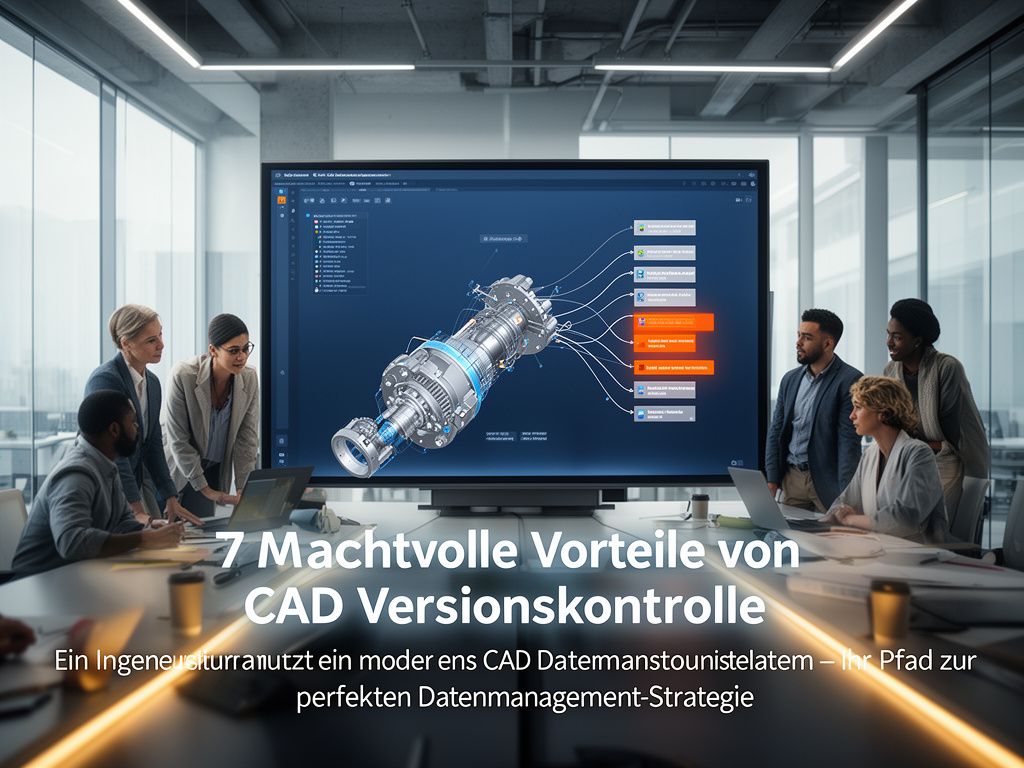 Professionelles Team analysiert CAD Versionskontrolle auf einem interaktiven Display in einem modernen Büro