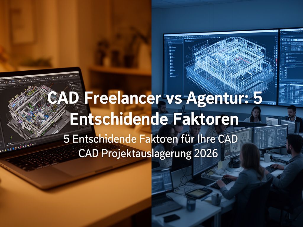 Entscheidungsvisualisierung CAD Freelancer vs Agentur in einer geteilten Bildkomposition