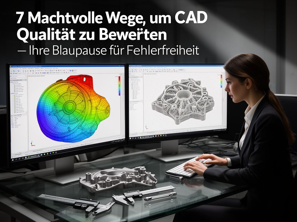 CAD Qualität bewerten – Ingenieurin analysiert FEM-Ergebnisse und 3D-Modell auf Dual-Monitor-Workstation