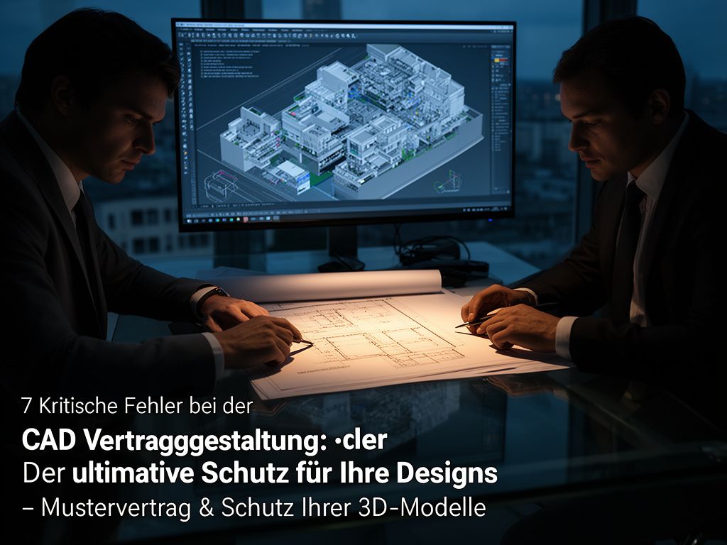 Fachmann und Rechtsanwalt analysieren einen CAD Mustervertrag vor einem 3D-Modell auf dem Bildschirm, professionelle CAD Vertragsgestaltung im Fokus.