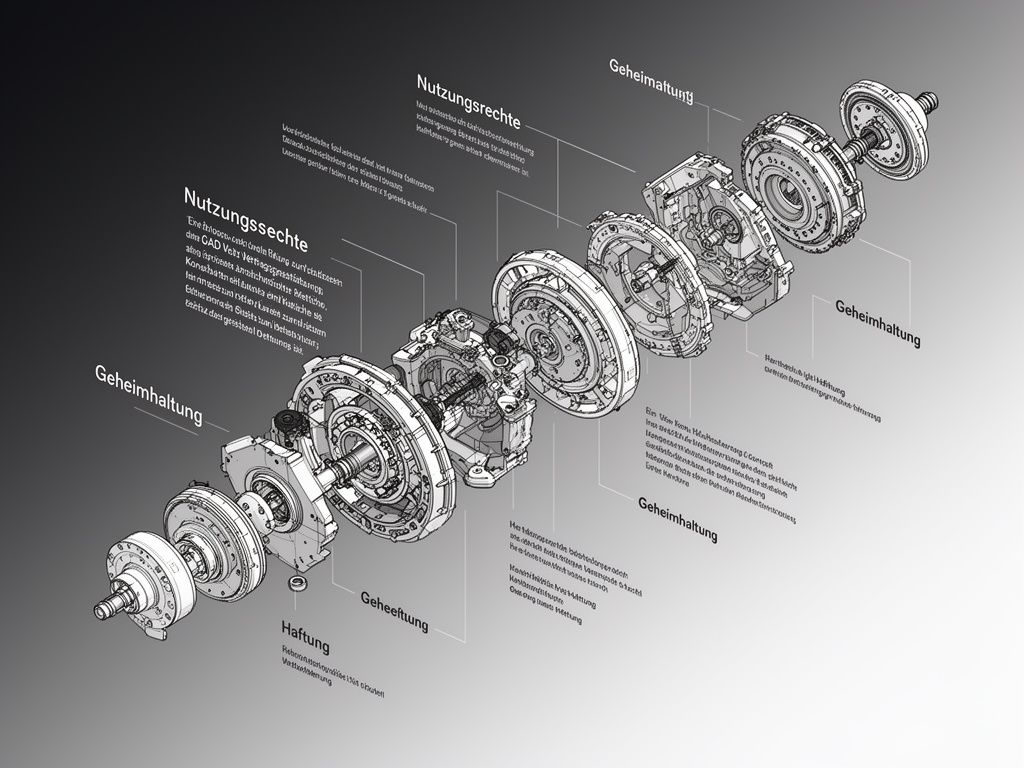 Explosionszeichnung eines CAD Vertrags als mechanisches Bauteil mit hervorgehobenen Klauseln für CAD Nutzungsrechte und Haftung.