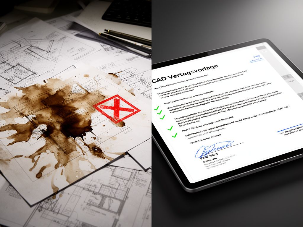 Direkter Vergleich zwischen chaotischer, nicht geregelter CAD Arbeit und geordneter Prozesse durch eine CAD Vertragsvorlage.