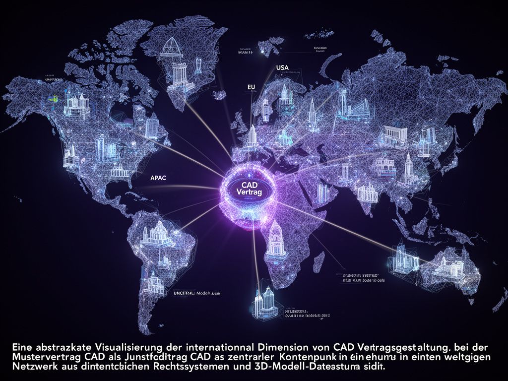 Globale Vernetzung und rechtliche Rahmenbedingungen für internationale CAD Vertragsgestaltung mit 3D-Modell-Netzwerk.
