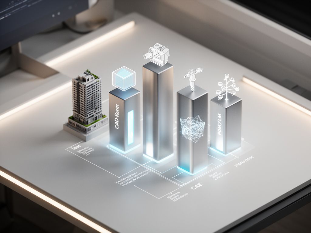 Die fünf technologischen Säulen einer umfassenden CAD Branchenlösung im isometrischen Diagramm