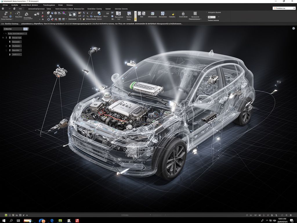 Explodierte 3D-Darstellung einer Fahrzeugmontage im CAD Automotive Software-Interface
