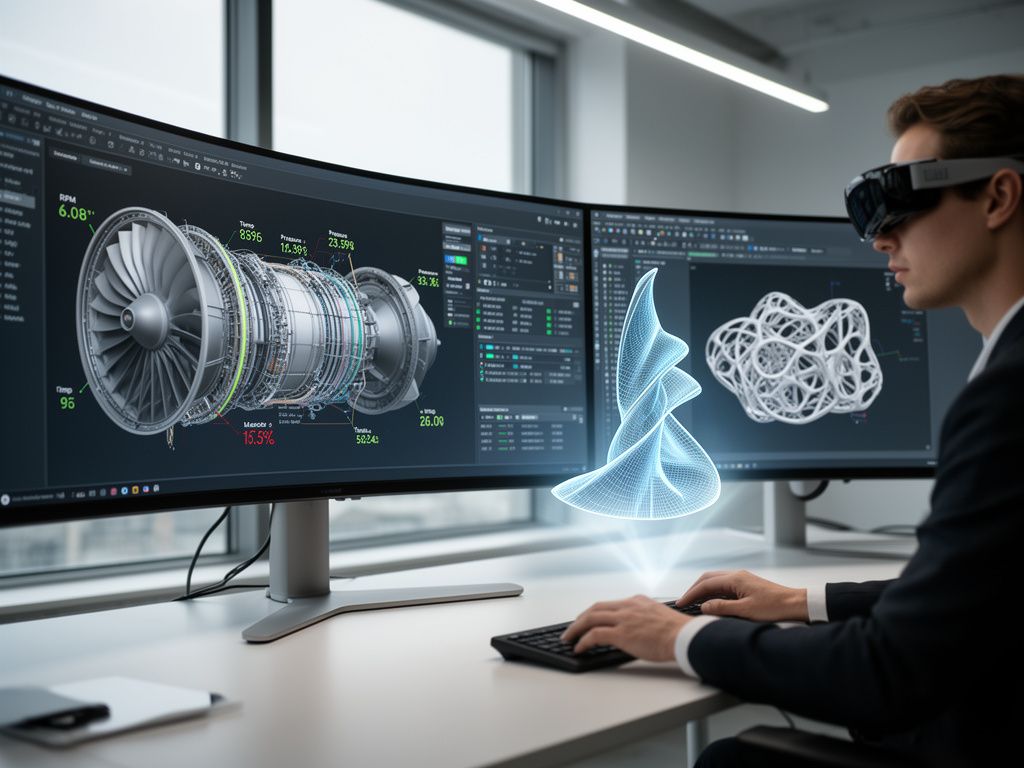 Ingenieur arbeitet mit Digitalem Zwilling und KI-Tools für CAD Luftfahrt Analysen