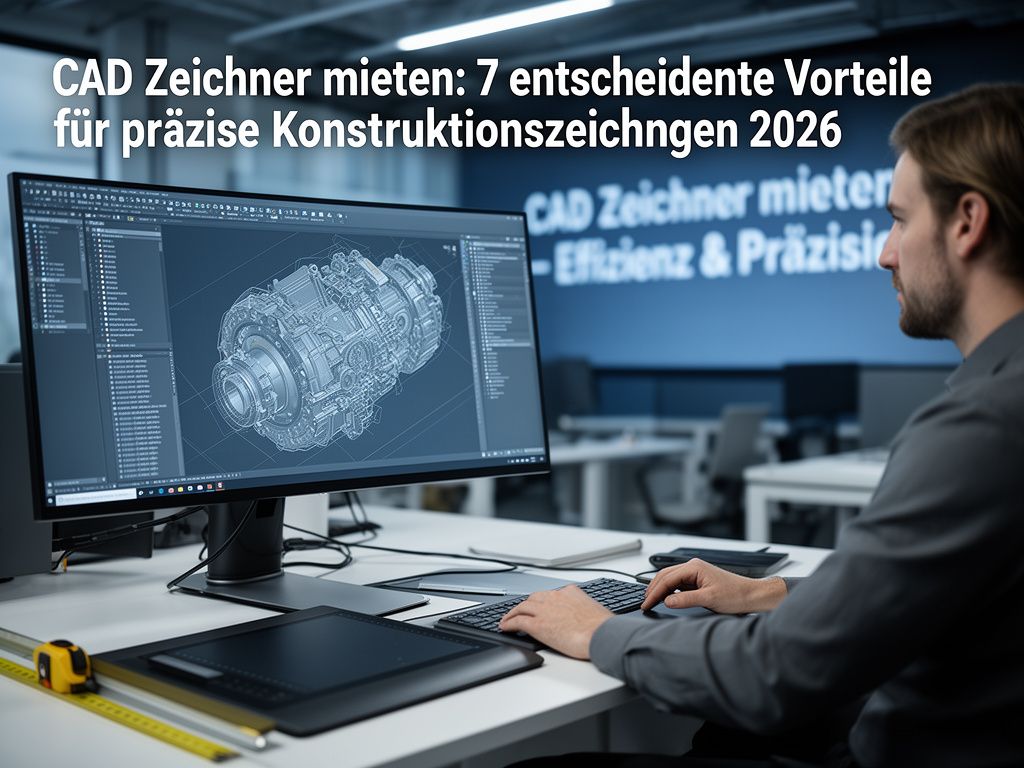CAD Zeichner mieten – ein Profi erstellt eine komplexe technische Konstruktion am Computer.