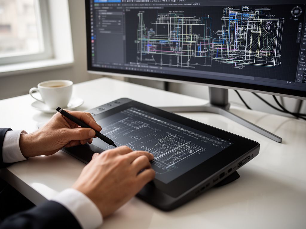 CAD Zeichnungen erstellen lassen Hände mit Stift auf Grafiktablett und technische 2D CAD Zeichnung auf Monitor