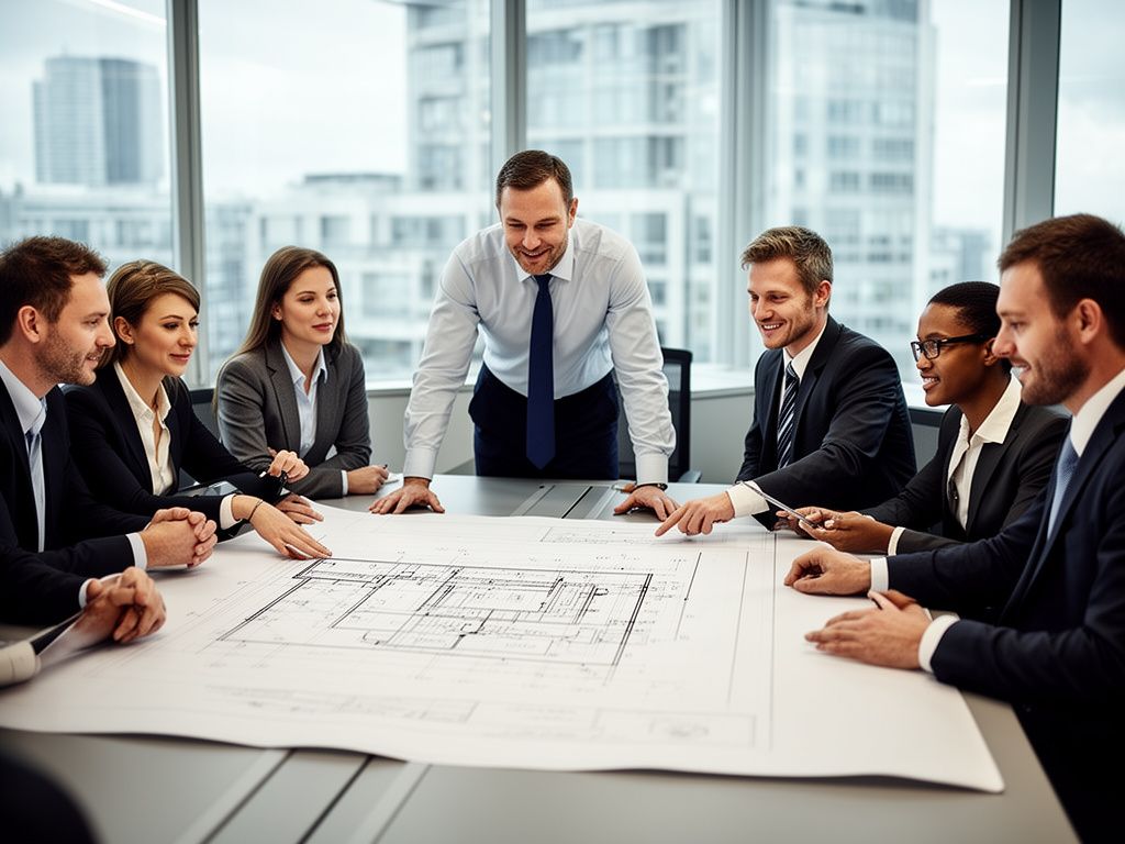 CAD Zeichnungen erstellen lassen professionelles Team bewertet Blaupause im Meeting