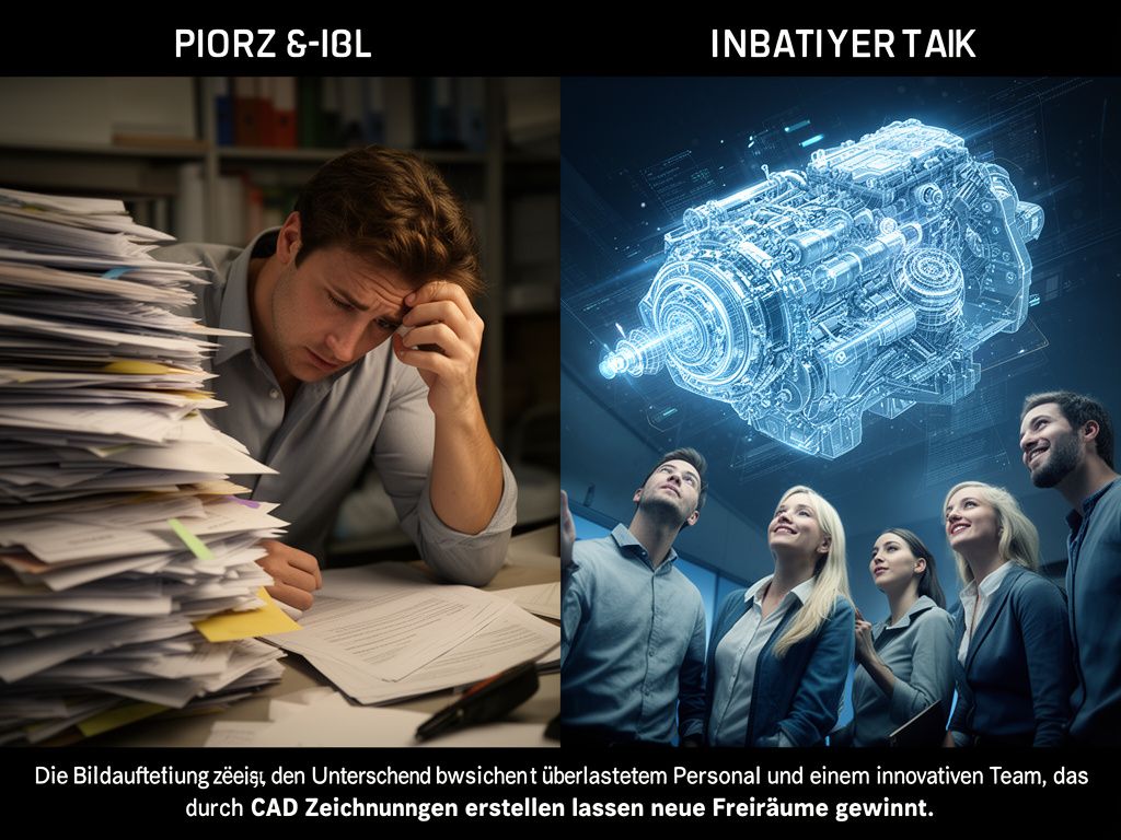 CAD Zeichnungen erstellen lassen visualisiert den Wandel von Überlastung zu Innovation mit einem Team vor Hologramm