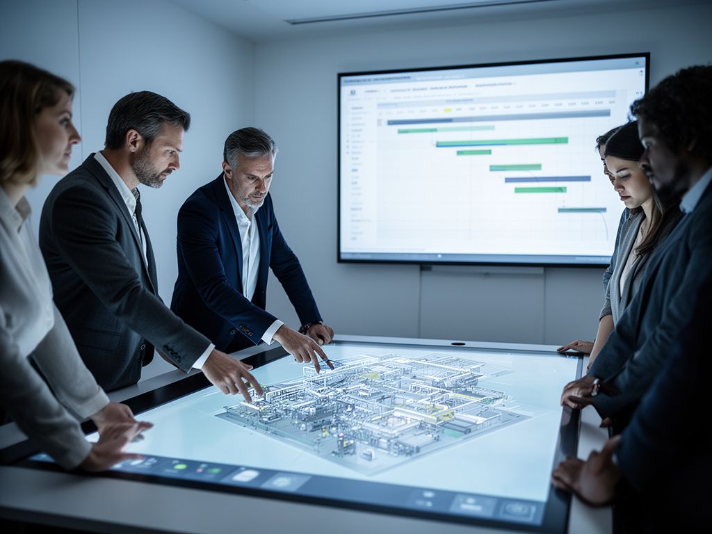 CAD Konstruktionsbüro Outsourcing - Engineering Team bespricht 3D CAD Modellierung am interaktiven Tisch