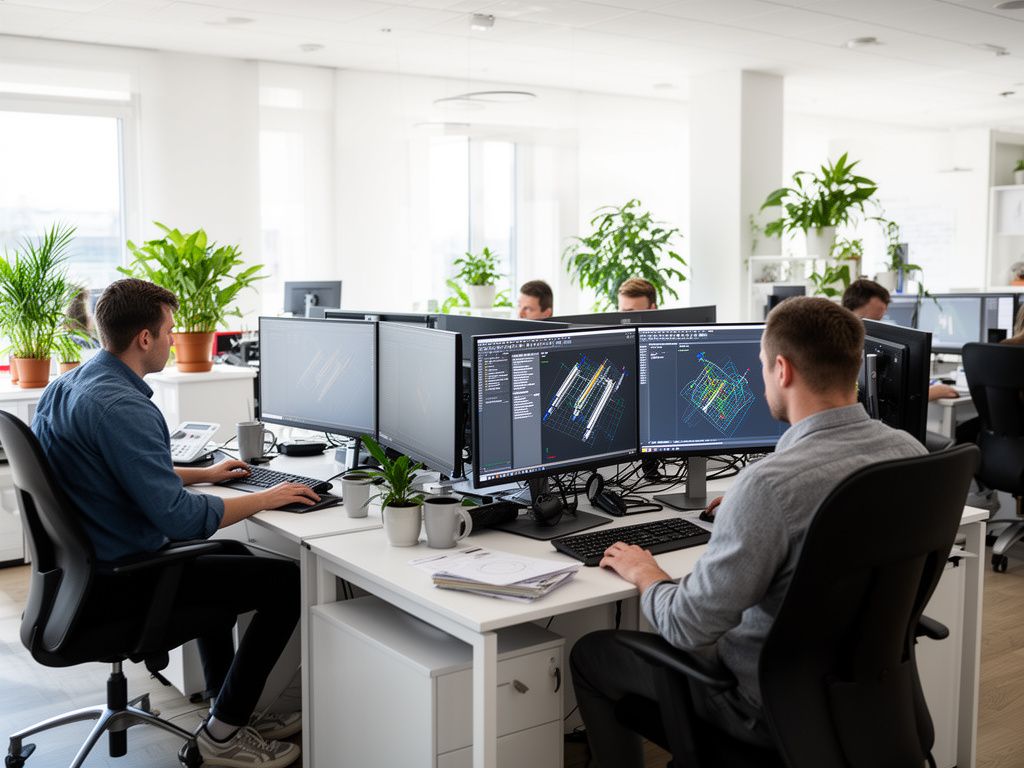 CAD Konstruktionsbüro Outsourcing - Produktives Team bei der 3D CAD Modellierung in modernem Büro