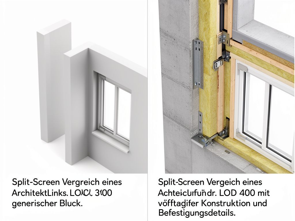 BIM Modellierung LOD 300 LOD 400 Vergleich eines Gebäudeeckauschnitts