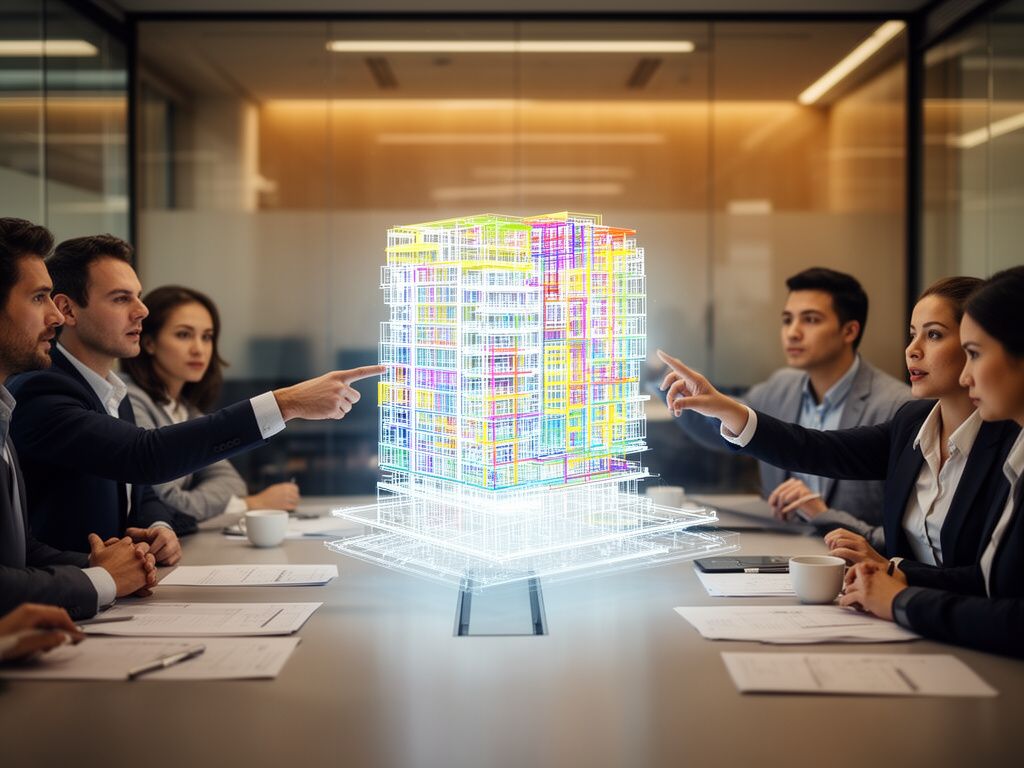 BIM Modellierung LOD 300 LOD 400 Team Meeting mit holographischer Projektion